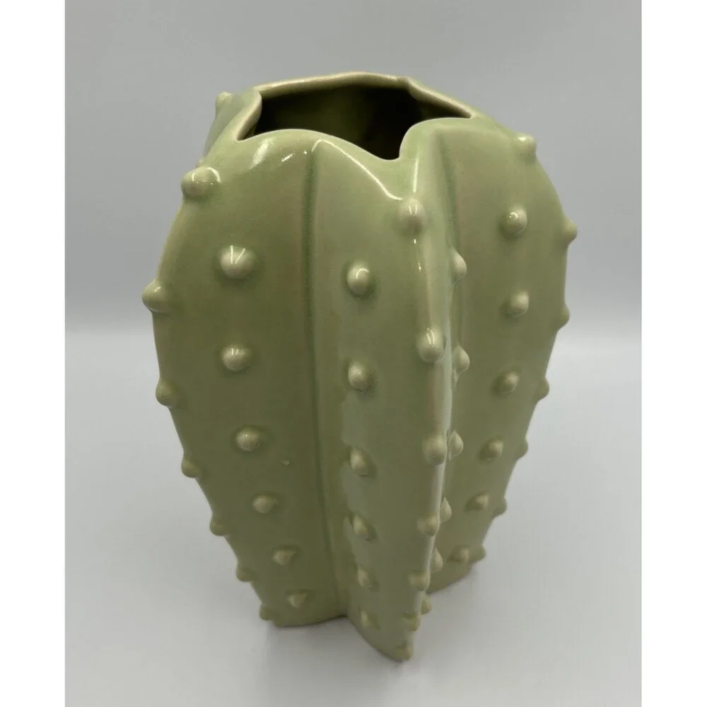 Ceramic Cactus Vase Sage Green Spiky Textured Boho Decor Glossy 9.4in Tall